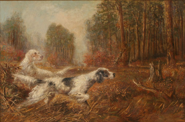 Oil painting of hunting dogs by Verner Moore White.